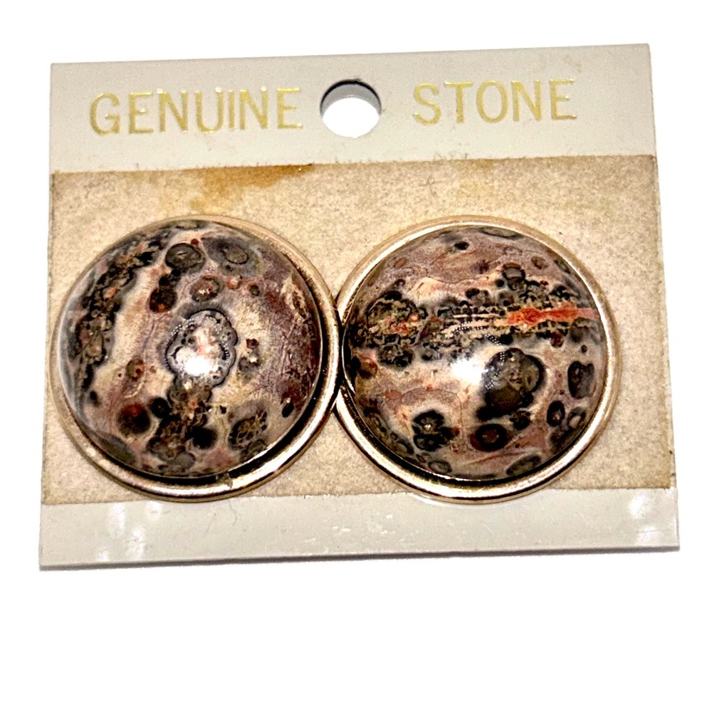 Vintage Genuine Stone Clip-On Earrings Leopard Skin Jasper Gold Tone